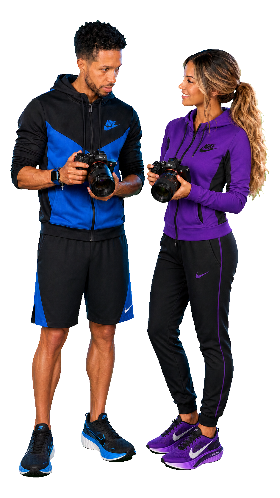 Ryan in blue and black beside his creative partner in purple and black, both holding cameras